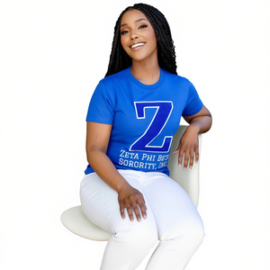 Camiseta de Mujer de la Hermandad Zeta Phi Beta, Azul, con Logotipo Z Bordado en Chenilla, de Algodón, Estilo Casual de Verano, Talla Regular - Product Image 1