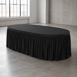 Housse de table ovale en Spandex, nappe personnalisée avec jupe froncée pour comptoirs d'inscription d'événements d'entreprise et projets de location - Product Image 1