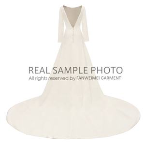 1012 # תמונות אמיתיות עגול צוואר רך סאטן אונליין לבן ללא משענת פשוט כלה שמלת ארוך שרוול חתונת שמלת כלה שמלה - Product Image 5