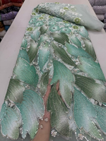 Tissu en dentelle de tulle perlé et pailleté de luxe NI.AI, maille lourde faite à la main pour robes de mariée nigérianes Asoebi