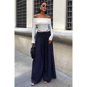 Pantalon plissé ample pour femme S6K-0084, bleu marine, coupe ample avec détail de ceinture à nouer à la taille - Product Image 6