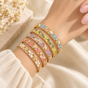 Brazaletes de Mujer con Diseño de Planta, Chapados en Aleación de Zinc, con Diamantes de Corte Cojín, Estilo Vintage, Azul y Blanco, de Moda - Product Image 4
