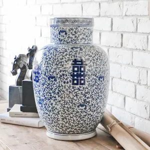 Голубые и белые китайские вазы с двойным счастьем, большие керамические вазы для цветов для домашнего декора, деловой подарок, праздничный подарок, оптовая продажа