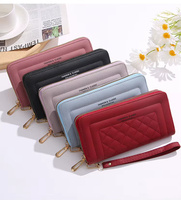 Dompet Panjang Wanita Kulit PU Quilted dengan Resleting, Dompet Genggam Kapasitas Besar, Tempat Kartu, Dompet Wanita dengan Tali Pergelangan Tangan
