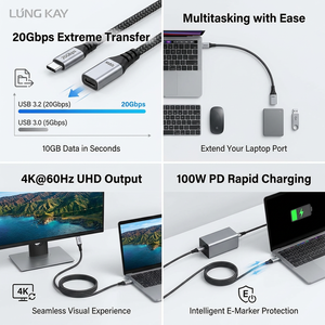 Cable de Extensión USB C LUNG KAY, Sincronización de Datos Ultra Rápida de 20 Gbps, Carga Rápida PD de 100 W, Soporte de Video 4K a 60 Hz para MacBook, PC y SSD - Product Image 2