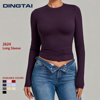 Haut de sport à col rond et manches longues pour femme, coupe ajustée, taille cintrée, sans rembourrage, anti-humidité, pour yoga, gym, course à pied
