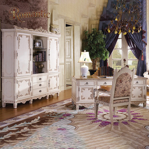 Set di Mobili Classici Francesi di Lusso per Ufficio Domestico, Scrivania Bianca in Legno Massello Intagliato a Mano con Libreria e Armadietto - Product Image 2
