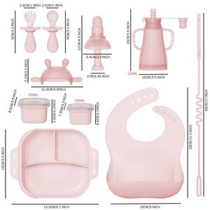 Ensemble d'alimentation en silicone de qualité alimentaire, bavoir, 11 pièces, bol en silicone, <span class=keywords><strong>assiette</strong></span>, fourchette, cuillère, gobelet, ensemble d'alimentation <span class=keywords><strong>pour</strong></span> bébé - Product Image 4