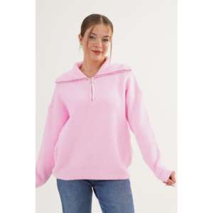 Pull en maille Thessaloniki rose à col zippé pour femme, manches longues, décontracté, anti-boulochage, 16 Gg, couleur corne - Product Image 6