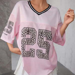 Dames Oversized Half Mouw Drop Shoulder V-Hals Jersey Shirts Grafisch Mesh Losse Pasvorm Amerikaanse Voetbalkleding Tops - Product Image 1