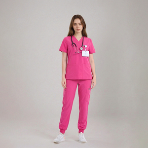 Set di Divise Mediche Personalizzate all'Ingrosso: Top Rosa a Maniche Corte con Scollo a V e Pantaloni Jogger, Etichetta Privata - Product Image 6