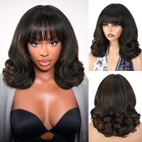 Perruque synthétique courte ondulée bouclée sans colle de 14 pouces avec frange, texture Yaki moelleuse, en fibre résistante à la chaleur, pour femmes noires, en stock