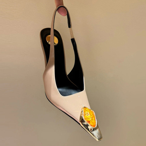 Zapatos de tacón dorados personalizados para mujer con correa trasera, tacones originales, sandalias de vestir con punta cuadrada y charol brillante - Product Image 4