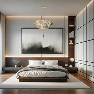 Belvedere ampio paralume in tessuto Tiffany, 3 luci a soffitto a filo/Semi filo. - Product Image 4