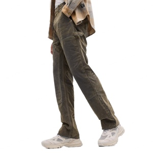 Jean en denim floqué bronze vieilli de haute qualité sur mesure pour homme, coupe slim délavée, avec double genouillère, style charpentier - Product Image 4