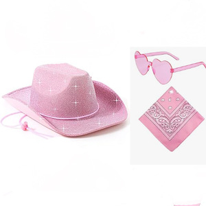 Sombrero de Vaquero Rosa con Brillantina, Juego de Tres Piezas, Estilo Occidental, Sombrero de Vaquero para Halloween, Festivales y Fiestas - Product Image 5