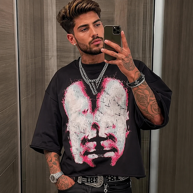 Black Mock Neck T Shirt Mens Graphic Skull Print Oversized Heavyweight 300GSM Cotton Raw Hem Streetwear Tee Blank Custom