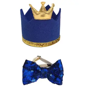 C241 Factory Custom Dog Pet Crown Hat With Bow Tie Pet Birthday Party Sequins Crown Hat For Dog