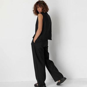 2024 haute rue décontracté coton lin noir sans manches <span class=keywords><strong>gilet</strong></span> <span class=keywords><strong>costume</strong></span> jambe large pantalon deux pièces <span class=keywords><strong>costume</strong></span> conception vêtements pour femmes - Product Image 3