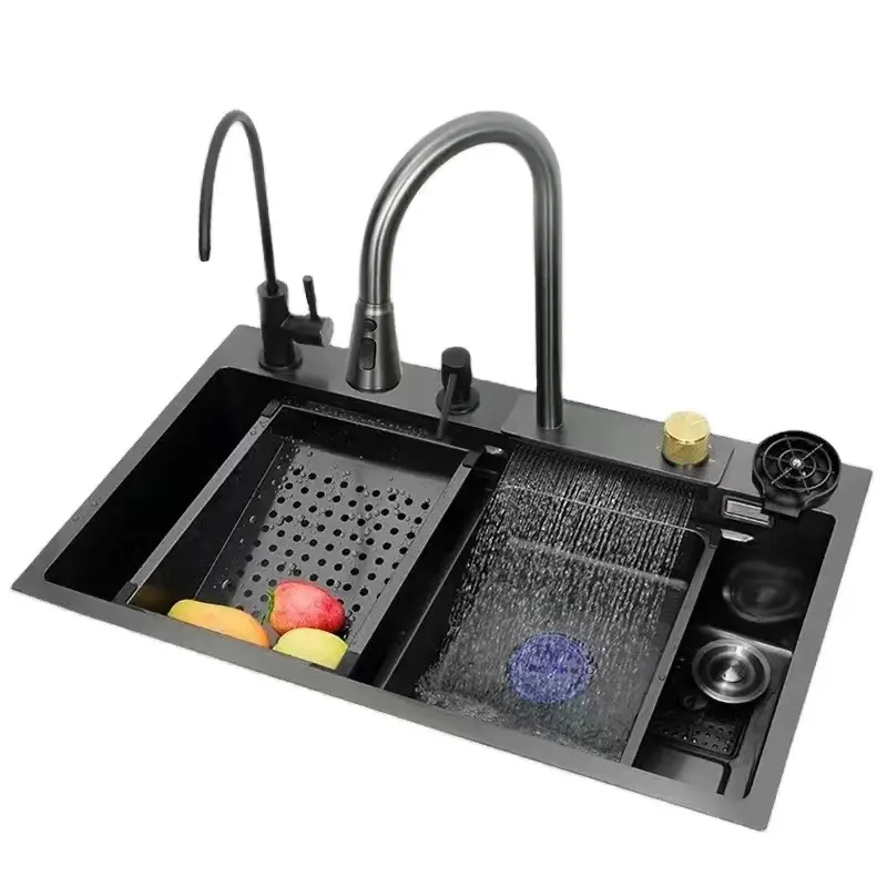 Multifunzione lavelli da cucina in acciaio inox lavello rubinetto moderno nero cascata pioggia ciotola singola lavello da cucina set