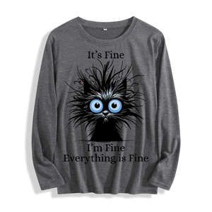 100% Cotton Long-Sleeve <b>T</b>-<b>Shirt</b> for <b>Women</b> 'It'<b>s</b> Fine Black Cat Graphic' in Multi-Colors - Product Image 2