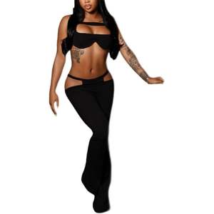 Ensemble 2 pièces sexy personnalisé 2026 pour femme : haut court dos nu croisé et pantalon moulant taille basse, tenue de club en tissu jersey pour adulte - Product Image 1
