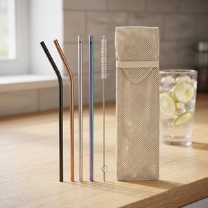 Reusable Metal <b>Drinking</b> <b>Straws</b> Set with Cleaning Brush and Mesh Pouch 5-Pack Minimalist Travel Design - Product Image 6