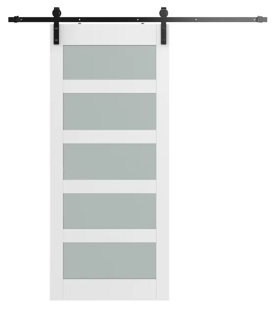 Moderne Knock-Down Versie 5 Lites Witte Houten Schuifdeur Met Gehard Matglazen Panelen