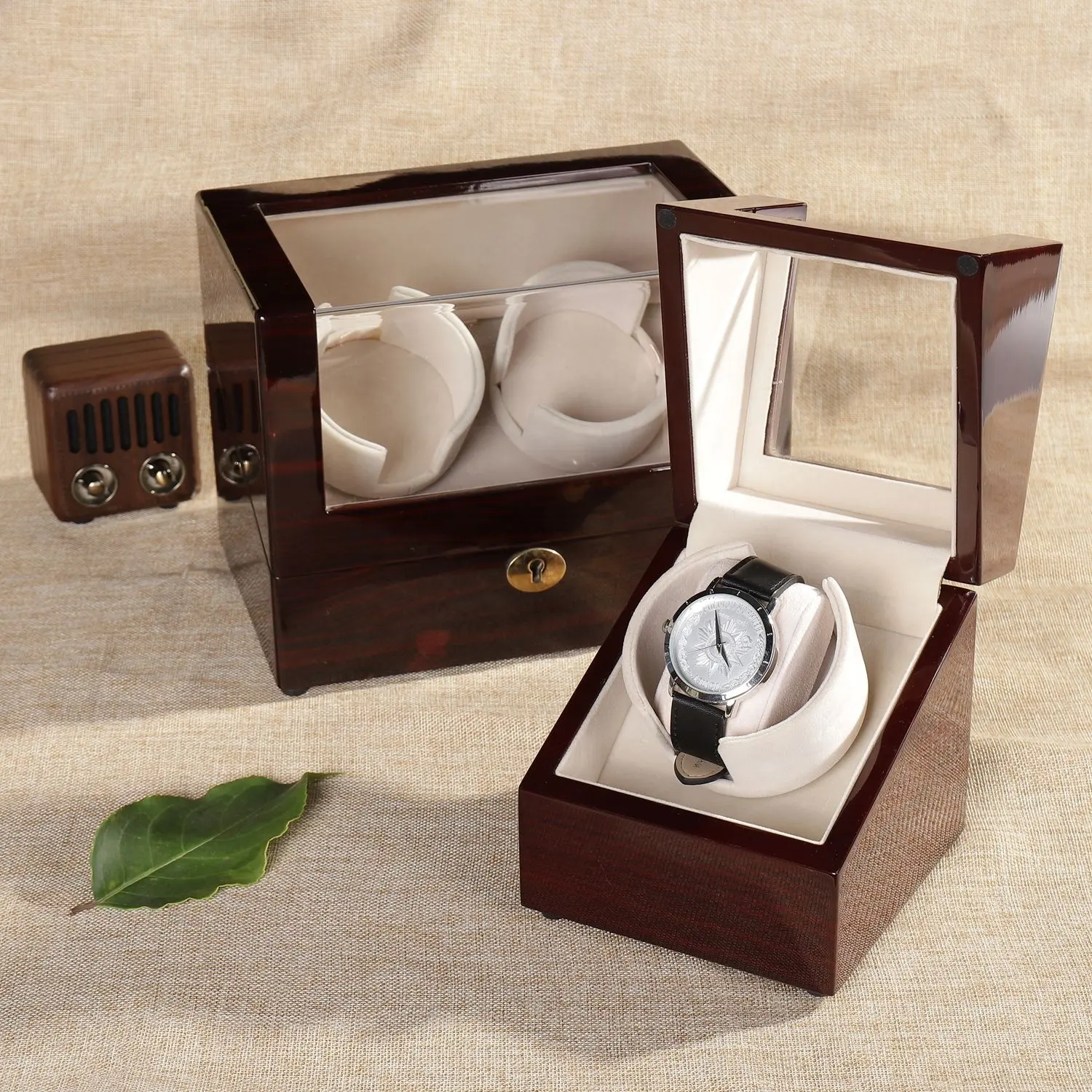 Caja de bobinadora de reloj de madera automática, medidor silencioso personalizado de gama alta de fábrica, venta al por mayor