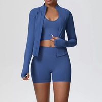 Ensemble de sport 3 pièces respirant et léger à carreaux : Cardigan à manches longues avec trous pour les pouces et short cycliste élastique à taille élastique