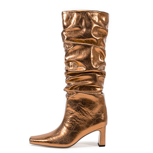 Wide Fit Women's Piled Pleated Upper Knee High Boots Chunky High Heels Stone Prints Shoes Big Size 45 on Long <b>Booties</b> - Product Image 3