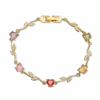Bracelet à maillons ajustables en laiton plaqué or 18 carats avec pierres multicolores et feuilles en zircon cubique taille cœur pour femme, bijou romantique