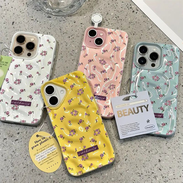 Rose Wrinkle Pattern for iPhone 13/14/15/16/17 Case, Wrinkled Design with Bow, Pink Flower, 3D Plaid Heart, Glossy Soft Cover