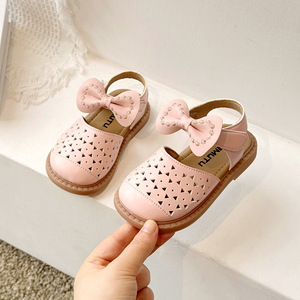 Sandales unies à bout ouvert pour filles, sandales à semelle souple avec nœud brodé pour filles - Product Image 4