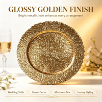 Assiette de présentation en plastique doré électrolytique de luxe, motif feuille en relief, pour mariage, hôtel, banquet, décoration de table