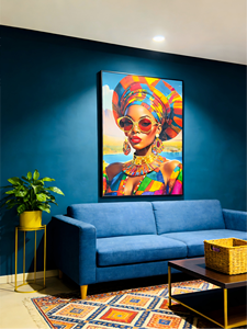 Vivace ritratto di moda africana su tela - Stampa tribale colorata con occhiali da sole dorati, decorazione da parete per soggiorno - Product Image 6