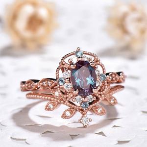 Ensemble de bagues en argent sterling 925 avec alexandrite, plaqué or rose, bague de mariage en alexandrite - Product Image 1