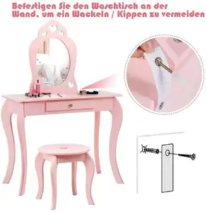 Kids Vanity Set With Mirror Children Dressing Table Stool Set For Girls Makeup Vanities Wooden Dressing Table Baby Furniture