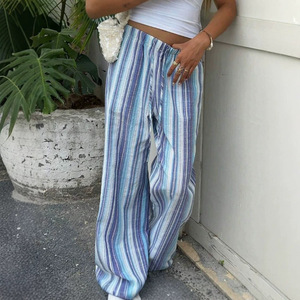 Nuovi <span class=keywords><strong>Pantaloni</strong></span> Estivi da Donna a Gamba Larga a Righe, <span class=keywords><strong>Classici</strong></span> e Casual, <span class=keywords><strong>con</strong></span> <span class=keywords><strong>Vita</strong></span> Elastica e Chiusura <span class=keywords><strong>con</strong></span> Coulisse, Colore a Contrasto - Product Image 4
