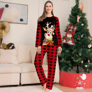 Hete Aanbieding Zachte Gebreide Modieuze Oversized Geruite Pyjamaset Familiekleding Elastische Taille Lange Mouwen Winter Kerstprint - Product Image 3