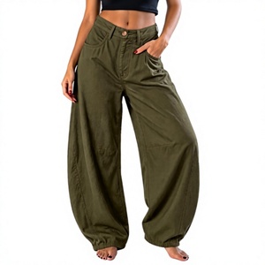 Pantalon Harem Femme Taille Haute Ample en Toile Couleur Unie Décontracté Jambe Large Longueur Entière avec Poches et Fermeture Boutonnée - Product Image 2