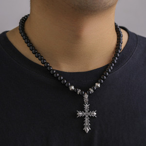 Collana <span class=keywords><strong>con</strong></span> Croce e Perline per Uomo, Ciondolo di Lusso <span class=keywords><strong>con</strong></span> Zirconi, Accessori di Gioielleria Maschile - Product Image 1