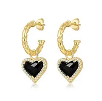 Brass plated with 18k gold black heart shape earring stud