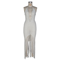 Robe longue ouverte en tricot perlé pour femme - Robe de plage à franges pour les vacances à la plage
