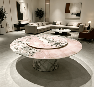Table à manger moderne en granit rose naturel de luxe avec plateau tournant Lazy Susan, pieds en métal, 8 places, mobilier de maison - Product Image 4