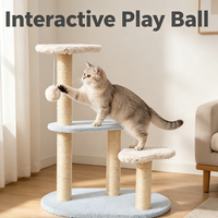 Arbre à chat moderne avec plateformes bleues, poteaux à gratter en sisal beige, boule suspendue, base souple et zone de repos multi-niveaux