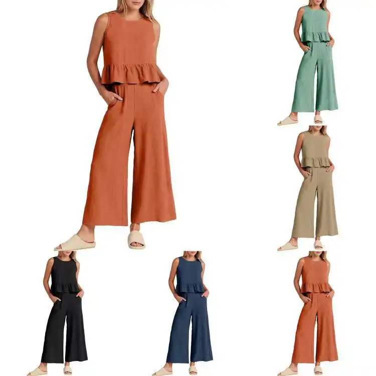 Simple   Fashion new women's sets solid color leisure loose sleeveless women's suit