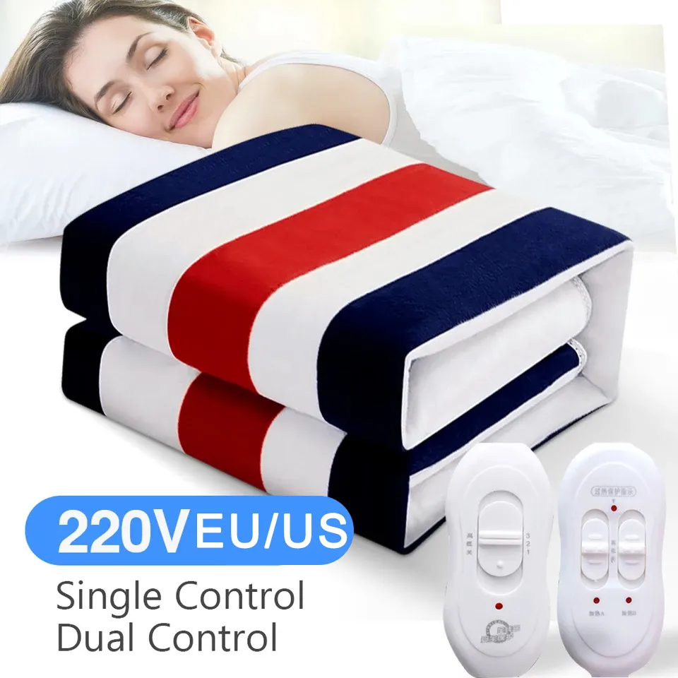 Amazon hot gudong cobertor elétrico 220v, plugue ue/eua, termostato duplo, cobertor elétrico queen/tamanho pequeno
