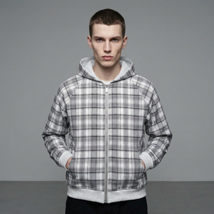 Sudadera con capucha y cremallera completa para hombre, reversible, de punto gofrado y a cuadros, estilo casual urbano, 2 en 1, térmica y holgada - Product Image 4