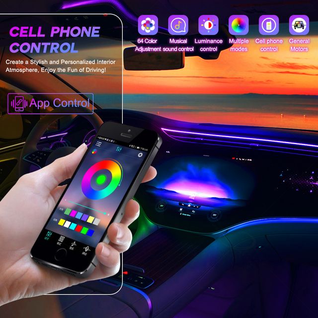 Smart Car Interior Ambient Light Kit 1 to 18 RGB LED Fiber Optic Strip APP Remote Control DIY Installation